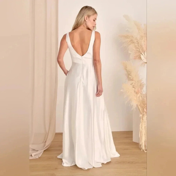 Lulu's Endless Radiance Ivory Satin Sleeveless Maxi Dress With Pockets Wedding - Picture 6 of 14